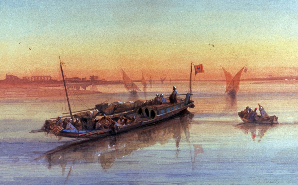 Felucca on Niilin varrella Theban ympärillä tekijältä Louis Amable Crapelet