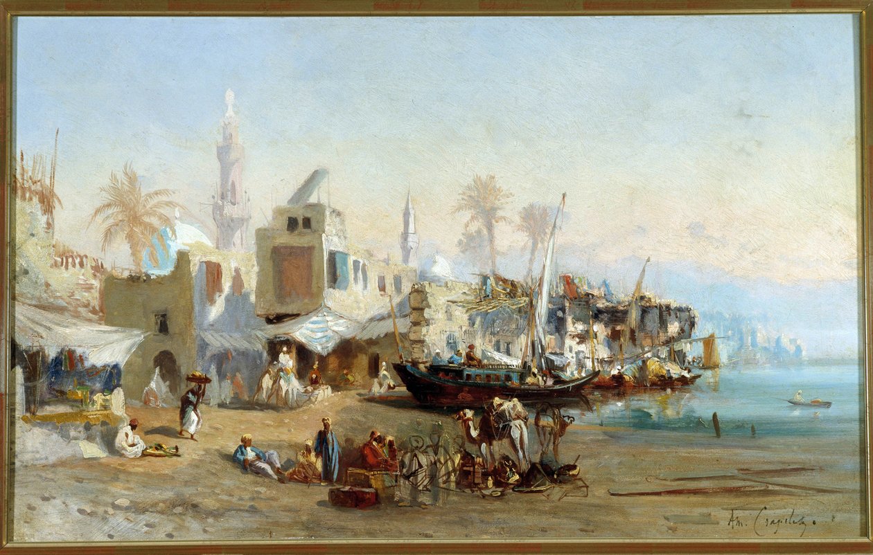 Egyptin Boulackin sataman kalastajat ja moskeijat Amable Louis Crapeletin maalaus (1822-1867) Sun. 41x64 cm Pakollinen maininta: Regards de Provence Foundation Collection, Marseille tekijältä Louis Amable Crapelet