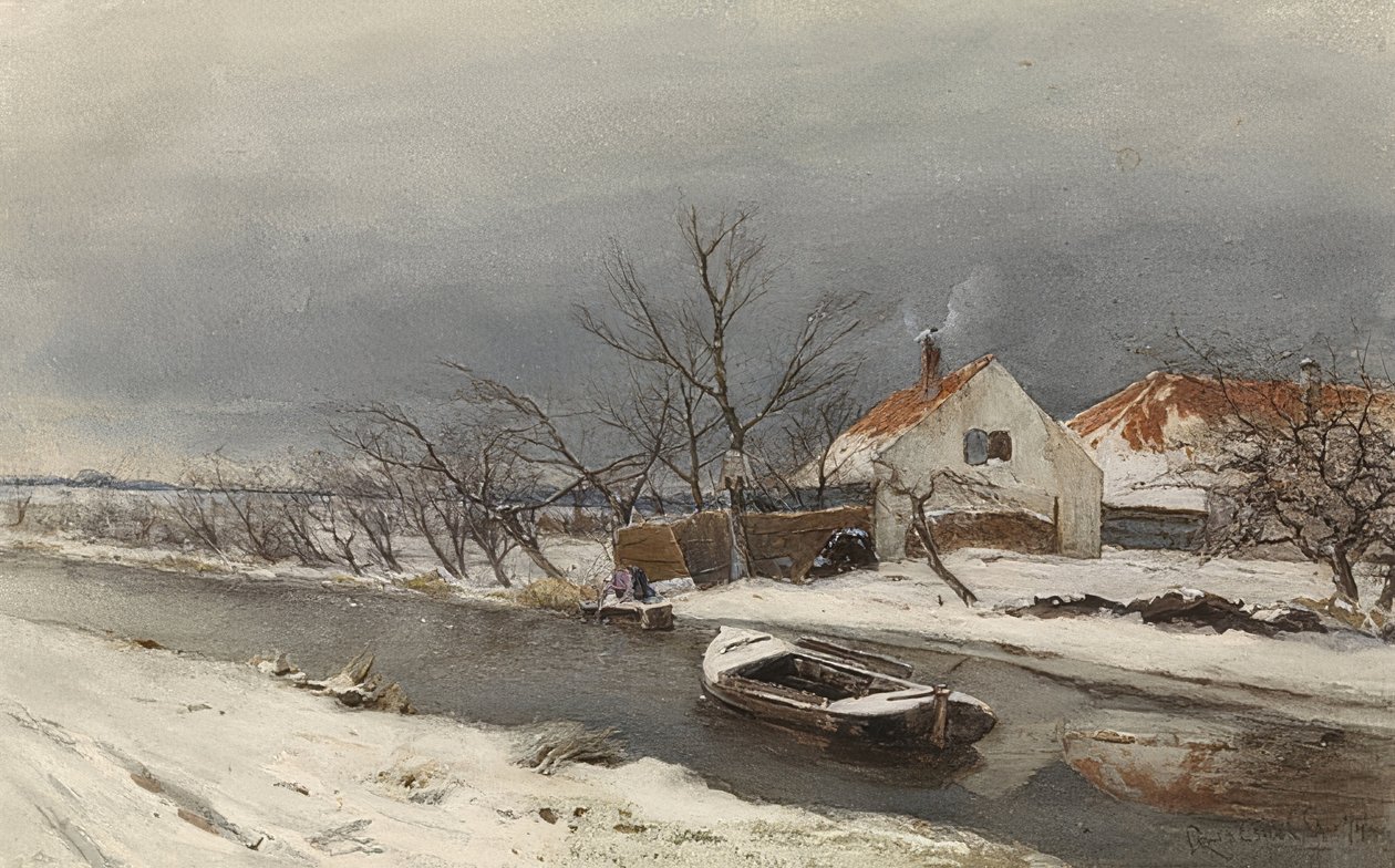 Winterlandschaft mit Häusern und einem Kanal (Talvimaisema taloja kanavalla). 1874 tekijältä Louis Apol