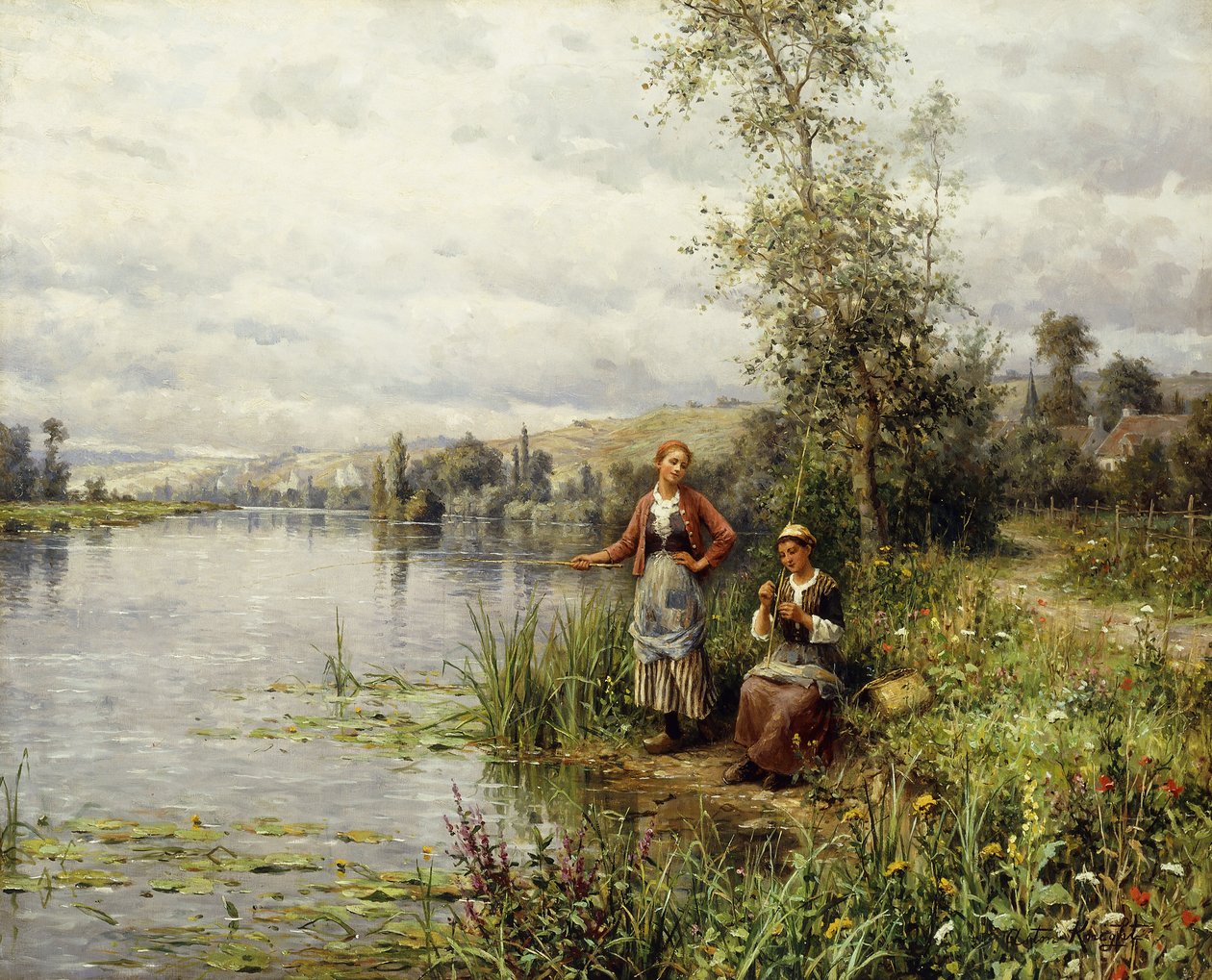 Maalaisnaiset kalastamassa kesäiltapäivällä tekijältä Louis Aston Knight