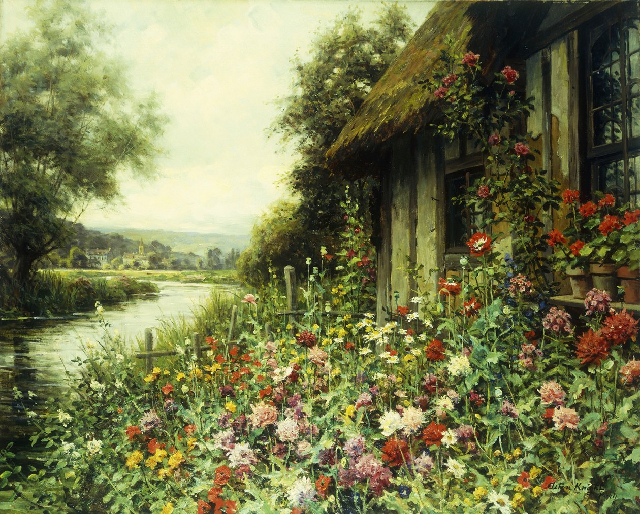 Kukat kukkivat mökin ulkopuolella (öljy kankaalle) tekijältä Louis Aston Knight
