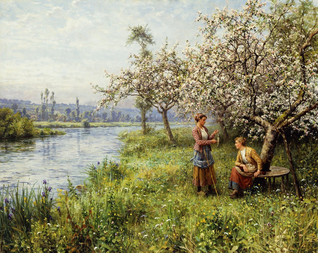 Maalaisnaiset kalastuksen jälkeen kesäpäivänä (öljy kankaalle) tekijältä Louis Aston and Daniel Ridgway Knight