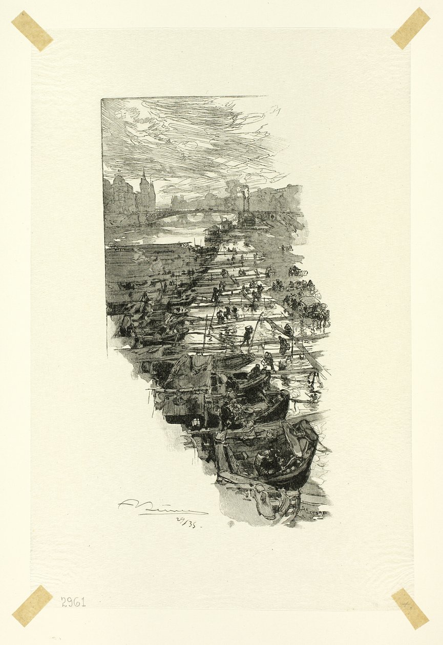 Omenamarkkinat Pont Louis-Philippe -pisteeltä katsottuna, levy seitsemän Le Long de la Seine et des Boulevards -teoksesta. tekijältä Louis Auguste Lepère