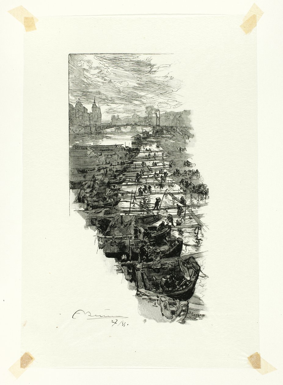 Omenamarkkinat Pont Louis-Philippe -pisteeltä katsottuna, levy seitsemän Le Long de la Seine et des Boulevards -teoksesta. tekijältä Louis Auguste Lepère