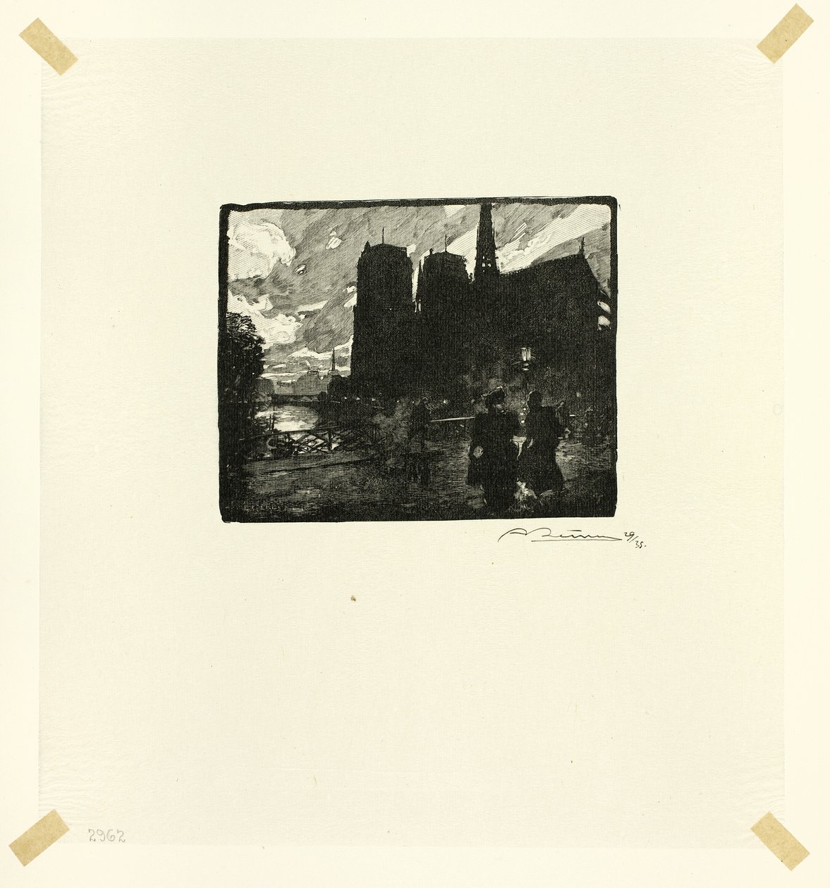Notre-Dame, ilta, levy kahdeksan Le Long de la Seine et des Boulevards -teoksesta. tekijältä Louis Auguste Lepère