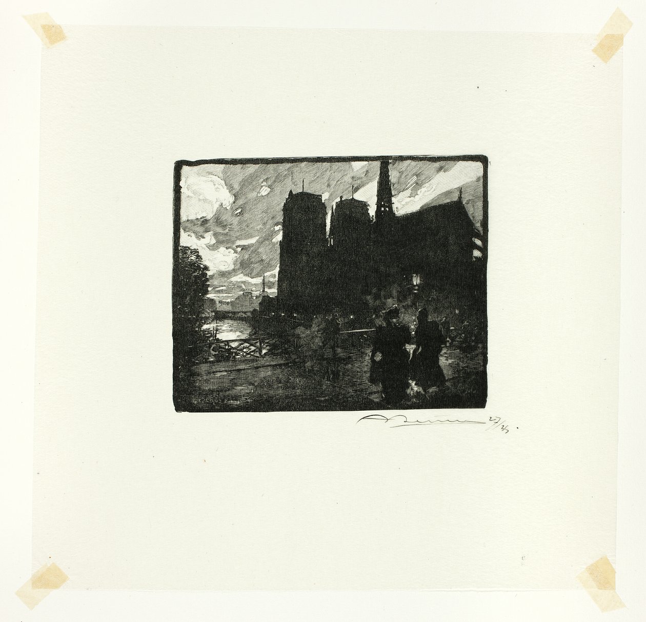 Notre-Dame, ilta, levy kahdeksan Le Long de la Seine et des Boulevards -teoksesta. tekijältä Louis Auguste Lepère