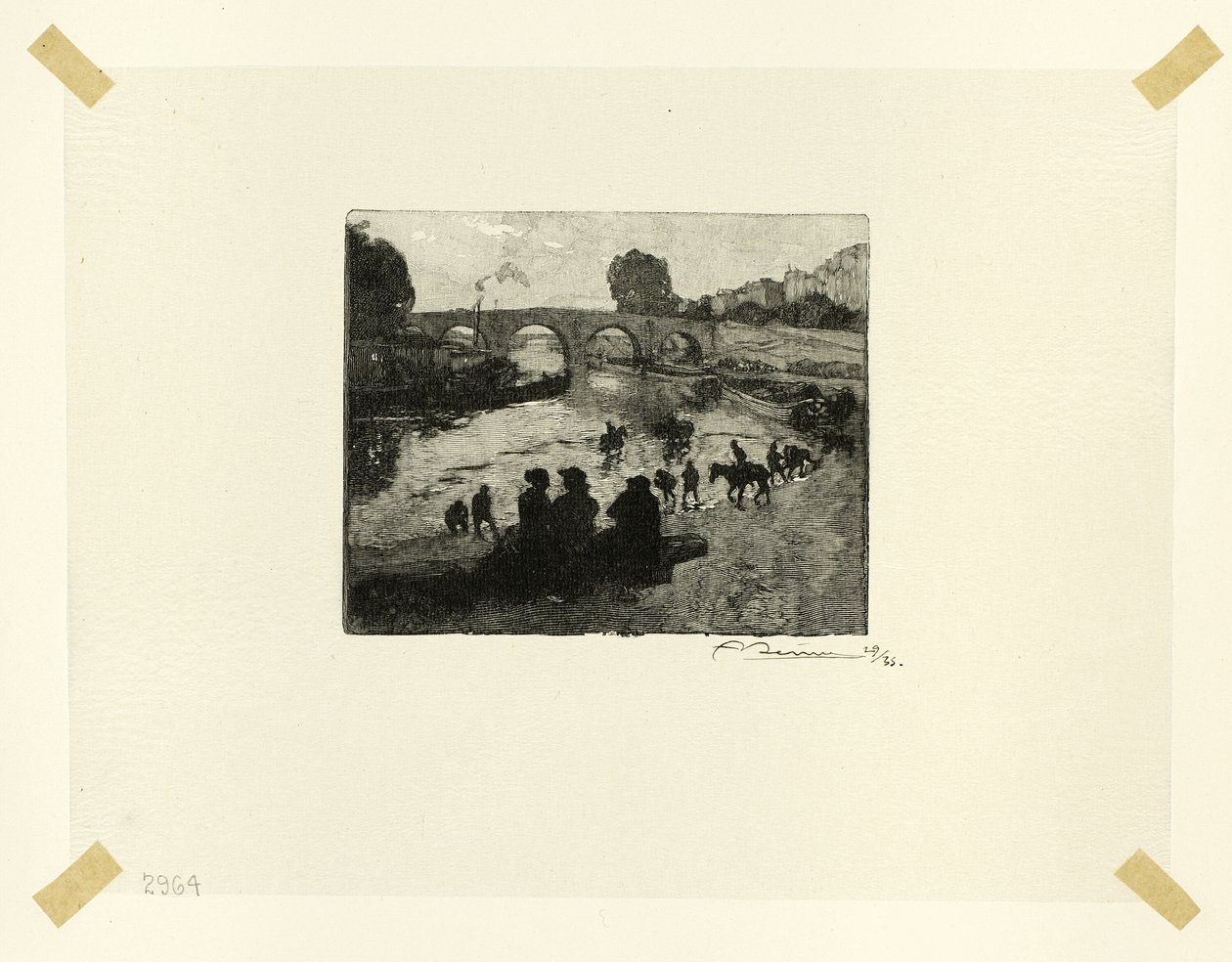 Hevoslampi Pont Marien luona, levy kymmenen Le Long de la Seine et des Boulevards -teoksesta. tekijältä Louis Auguste Lepère