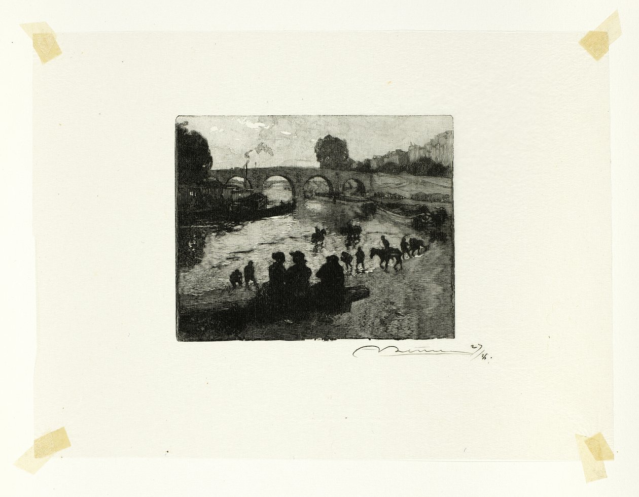 Hevoslampi Pont Marien luona, levy kymmenen Le Long de la Seine et des Boulevards -teoksesta. tekijältä Louis Auguste Lepère