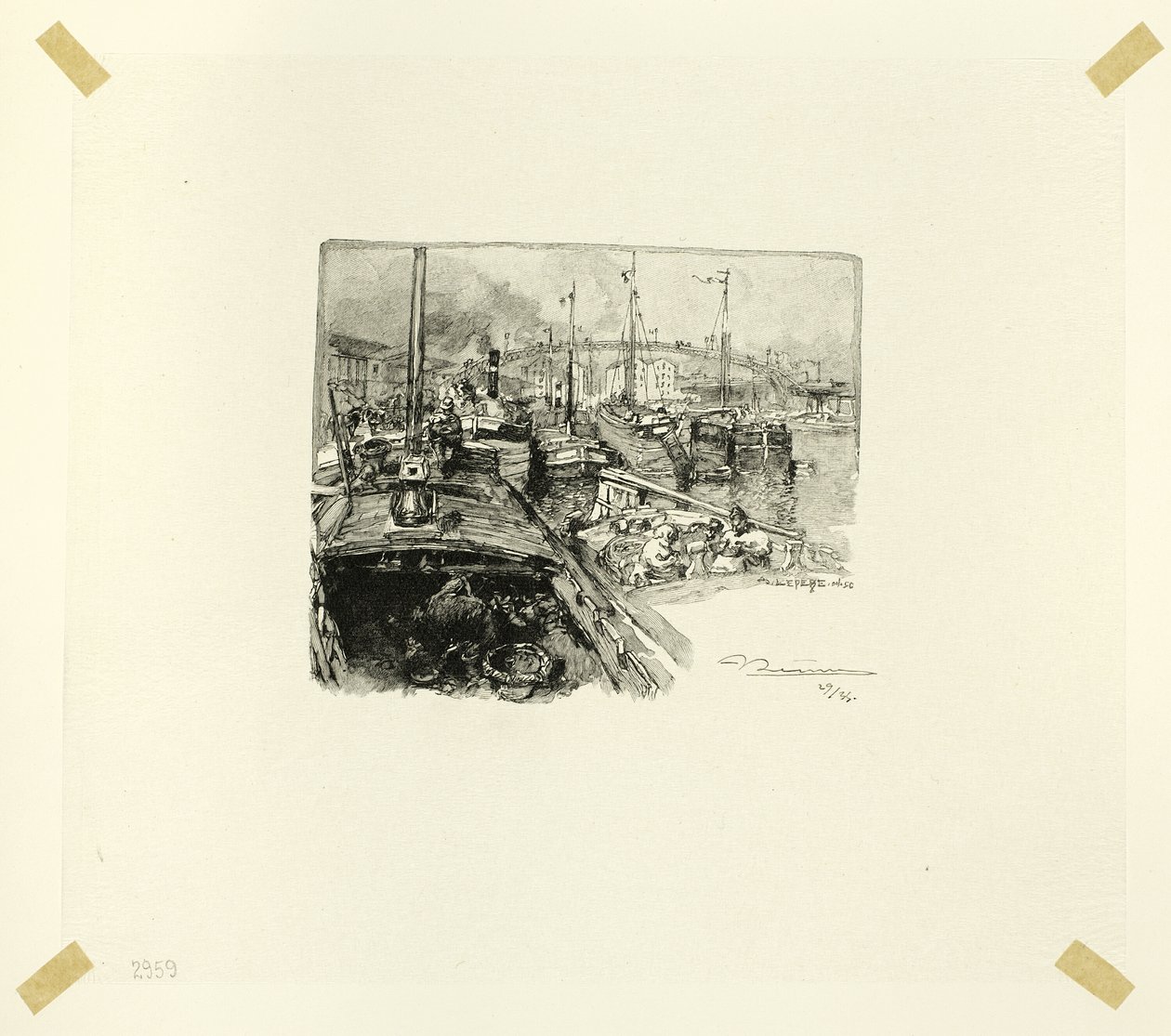 Villetten satama, levy viisi Le Long de la Seine et des Boulevards -teoksesta. tekijältä Louis Auguste Lepère