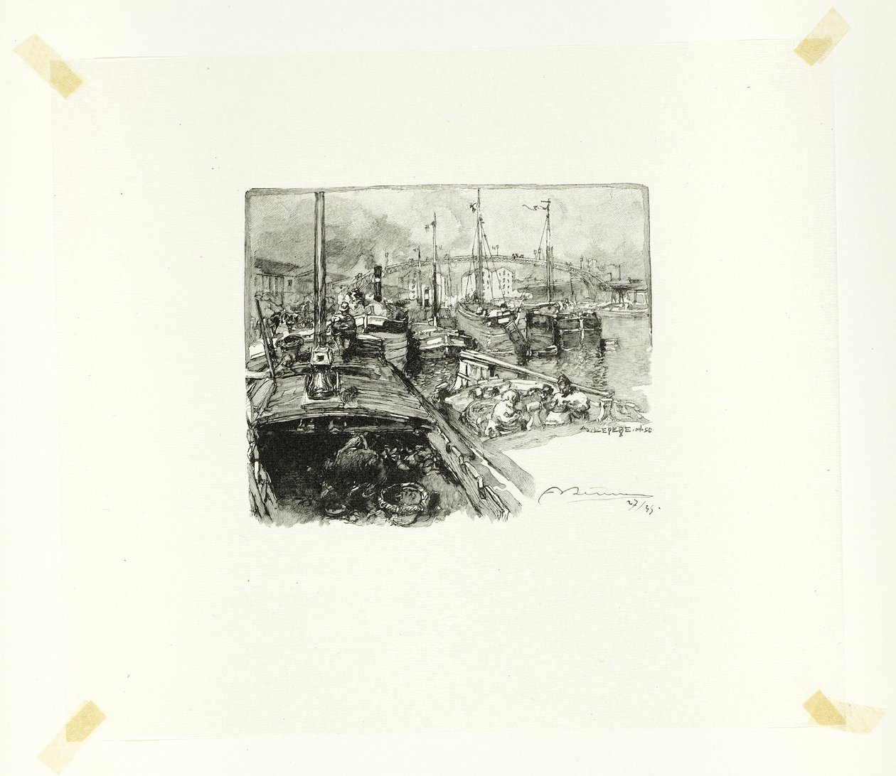 Villetten satama, levy viisi Le Long de la Seine et des Boulevards -teoksesta. tekijältä Louis Auguste Lepère