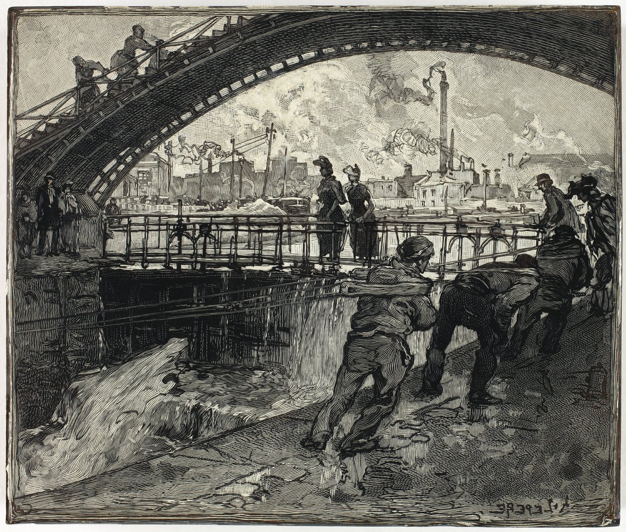 Puupiirros Canal Saint-Martinin sulkua varten tekijältä Louis Auguste Lepère