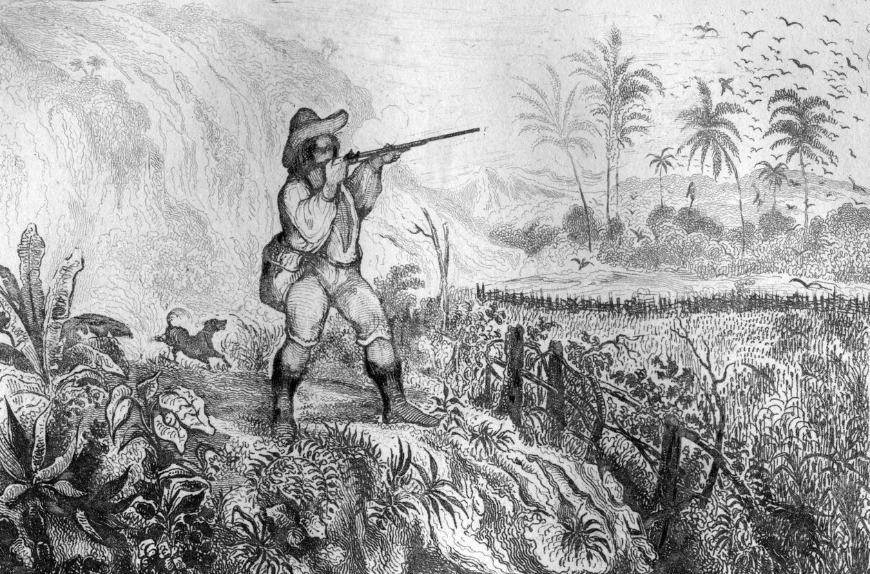 Tapoin kolme... kaiverrus M. de Sainsonin piirustuksen jälkeen Daniel Defoen kirjaan (De foe) ”Robinson Crusoe”” ranskalaiseen painokseen vuodelta 1837. tekijältä Louis Auguste de Sainson