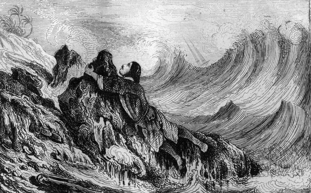Päätin kiinnittää itseni kallioon... kaiverrus M. de Sainsonin piirustuksen jälkeen Daniel Defoen kirjaan (De foe) ”Robinson Crusoe”” ranskankieliseen painokseen vuodelta 1837. tekijältä Louis Auguste de Sainson