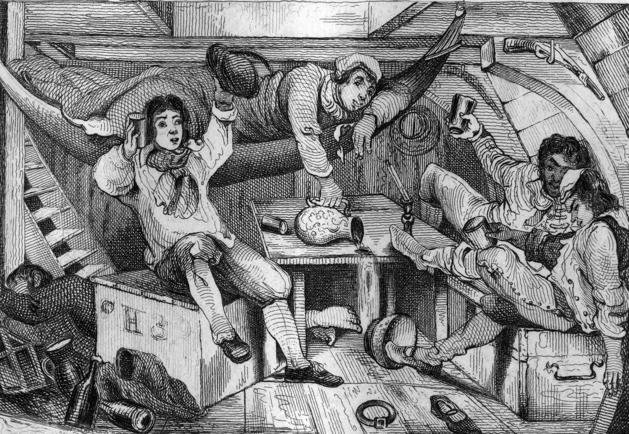 Olin humalassa ja hukutin ilkikurisen yön aikana kaikki katuvani... kaiverruksen jälkeen herra de Sainsonin piirustuksen Daniel Defoen kirjaan (De vihollinen) ”Robinson Crusoe”, ranskankielinen painos vuodelta 1837. tekijältä Louis Auguste de Sainson