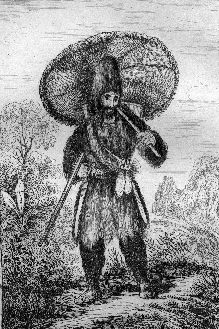 Minulla oli yllään korkea hattu... kaiverrus M. de Sainsonin piirustuksen mukaan Daniel Defoen kirjaan (De foe) "Robinson Crusoe"" ranskankielinen painos vuodelta 1837. tekijältä Louis Auguste de Sainson
