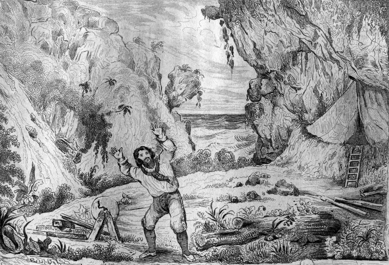 Kolme kertaa maasto vapisi jalkojeni alla kaiverrus M. de Sainsonin Daniel Defoen kirjaan (De foe) "" Robinson Crusoe"" ranskankieliseen painokseen vuodelta 1837 piirtämän piirustuksen jälkeen. tekijältä Louis Auguste de Sainson