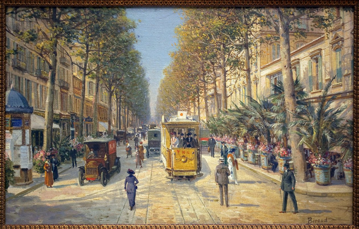 Avenue de la Gare Nizzassa (nykyinen avenue Jean Medecin). Vasemmalla on Morris-pylväs. Louis Beroudin (1852-1930) maalaus, öljy kankaalle, ranskalainen taide, 1900-luvun alku. Musee Massena, Nizza. tekijältä Louis Beroud