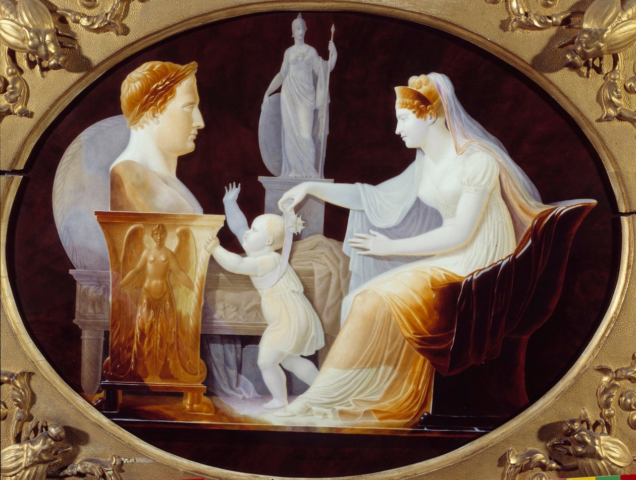 Impress Mary Louise ohjaa Rooman kuninkaan Napoleon II:n, Reichstadtin herttua (1811-1832), keisari Napoleon I:n pojan (1769-1821) ensimmäiset askeleet isänsä Louis Bertin Parantin posliinilautasen rintakuvan edessä (1768-1851) 1813 Pariisi. La Leg tekijältä Louis Bertin Parant