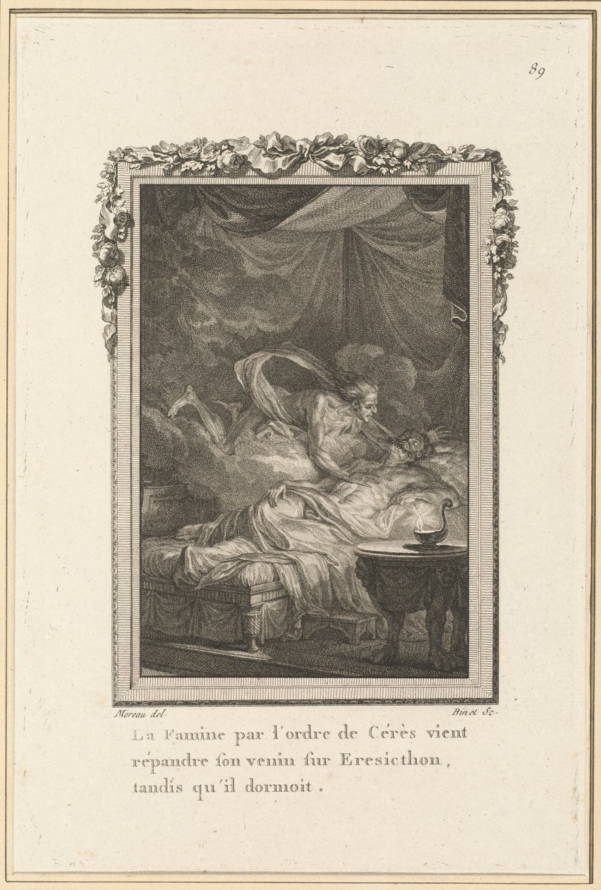 Nälänhätä Ceresin käskystä levittää myrkkyään Eresicthonille hänen nukkuessaan tekijältä Louis Binet after Jean Michel Moreau