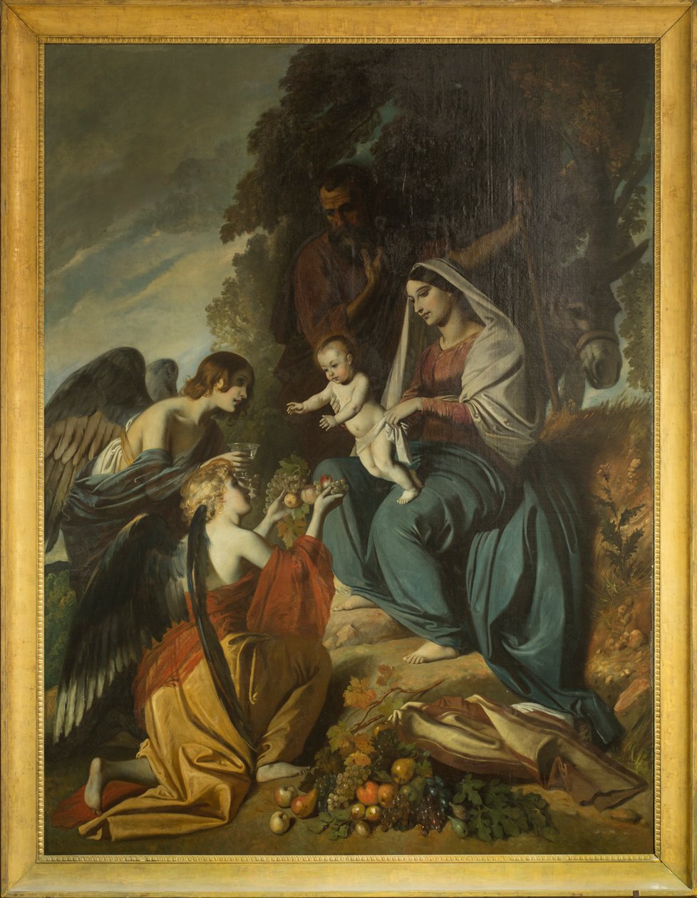 Enkelit ruokkimassa pyhää perhettä. Louis Boulanger (1806-1867) öljy kankaalle, Sensin katedraalin nave tekijältä Louis Boulanger