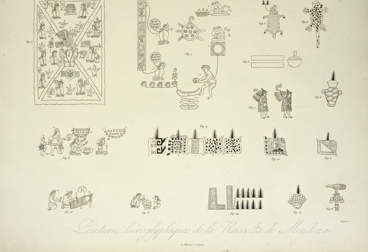 Hieroglyfimaalauksia Mendoza-kokoelmasta, kuvitus Alexander von Humboldtin ja Aime Bonplandin teoksesta Näkymät Cordilleraille ja Amerikan alkuperäiskansojen monumenteille, 1813 tekijältä Louis Bouquet