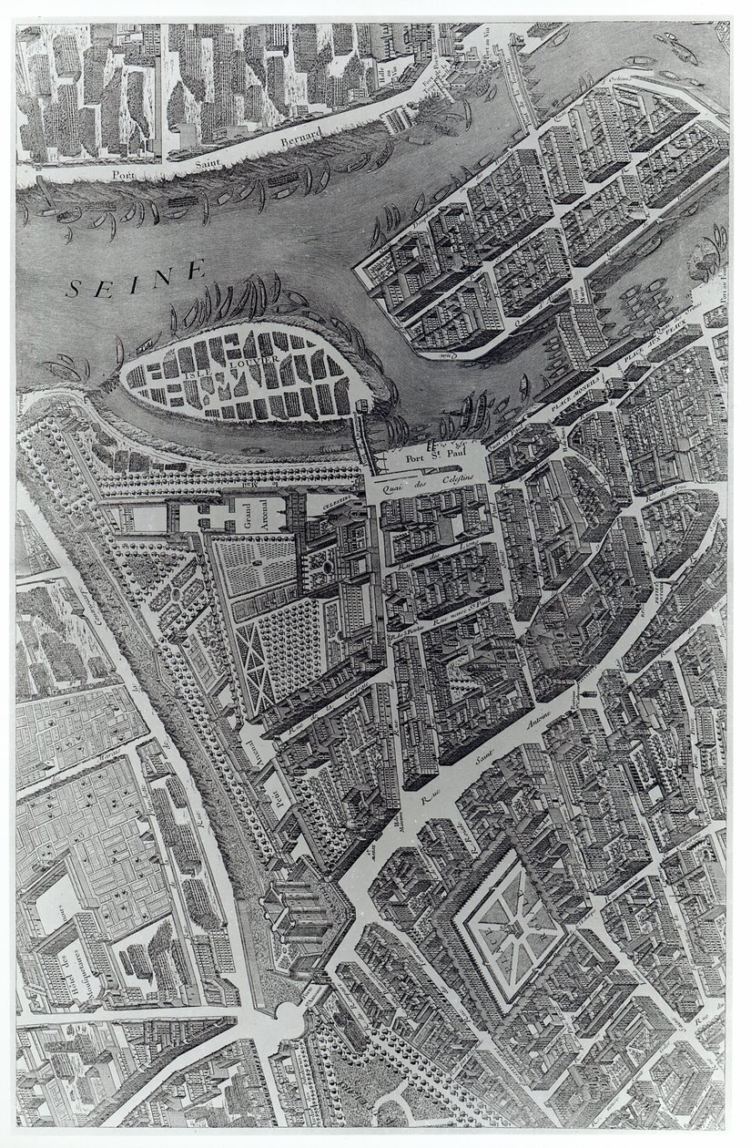 Pariisin suunnitelma, joka tunnetaan nimellä "Plan de Turgot", kaiverrus Claude Lucas, 1734-39 (kaiverrus) (bw-kuva) (yksityiskohta) tekijältä Louis Bretez