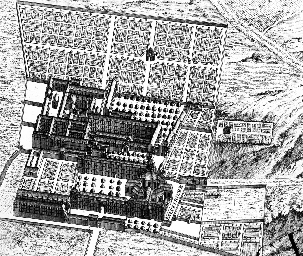 La Salpêtrièren sairaala, yksityiskohta Pariisin suunnitelmasta, joka tunnetaan nimellä Plan de Turgot, kaiverrettu Claude Lucasin toimesta, 1734-39. Kaiverruskuva, yksityiskohta kuvasta 233535. tekijältä Louis Bretez