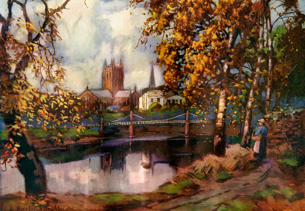 Herefordin katedraali, jokikävelyltä, Herefordshire, 1924-1926. tekijältä Louis Burleigh Bruhl
