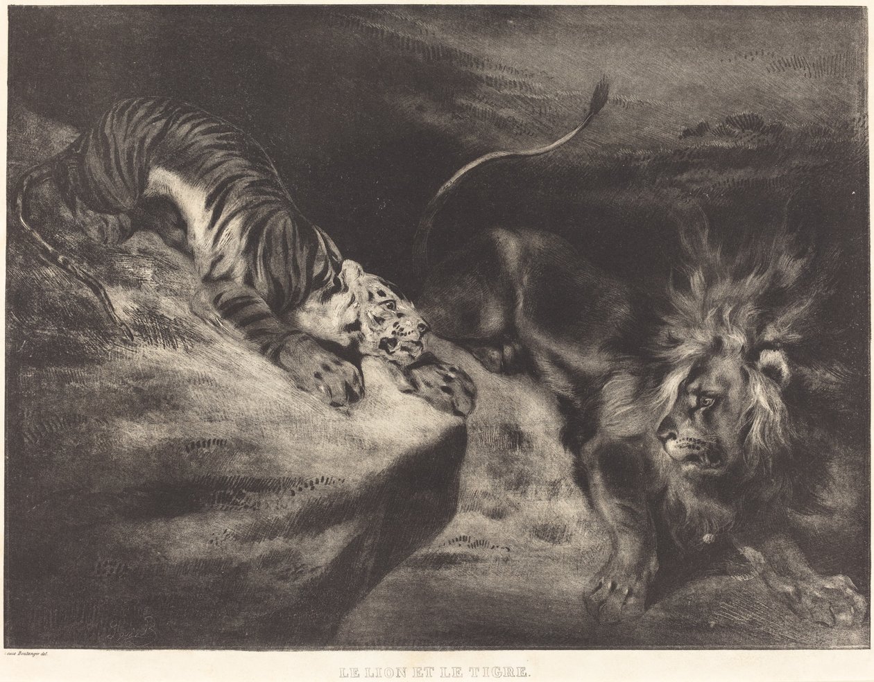Leijona ja tiikeri tekijältä Louis Candide Boulanger after Eugène Delacroix