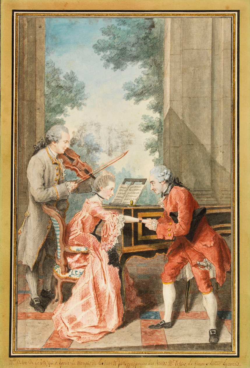 Mademoiselle Delong de Genève, Monsieur Philippe ja Monsieur de Texier (akvarelli) tekijältä Louis Carrogis Carmontelle