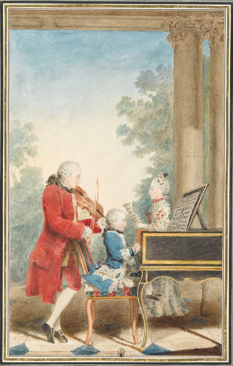 Muotokuva Wolfgang Amadeus Mozartista (Salzburg, 1756-Wien, 1791) soittamassa Pariisissa isänsä Jean-Georg-Léopoldin ja sisarensa Maria-Annan kanssa. tekijältä Louis Carrogis Carmontelle