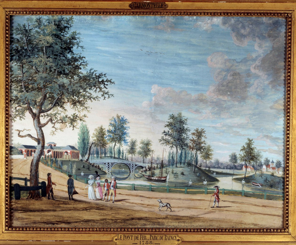 Näkymä rautasillalle Parc du Raincyssa tekijältä Louis Carrogis Carmontelle