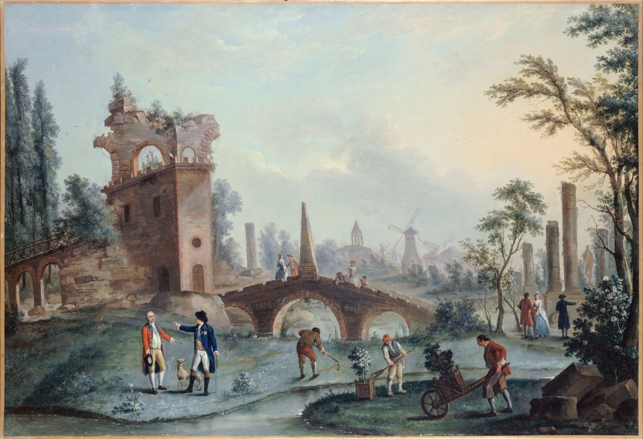 Näkymä Monceaun puutarhaan, noin 1778 (öljy kankaalle) tekijältä Louis Carrogis Carmontelle