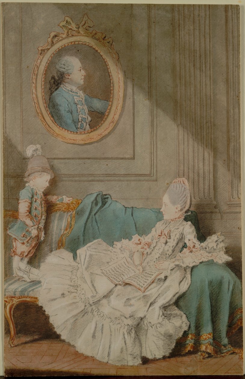 Madame Millin du Perreux ja hänen poikansa, maalatulla muotokuvalla..., n. 1760. tekijältä Louis Carrogis dit Carmontelle