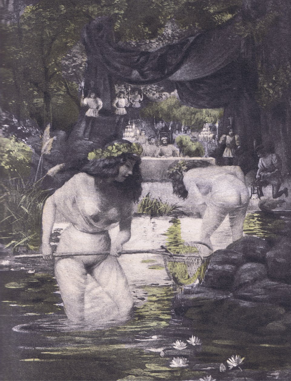 Ginerva ja Isotta, kuvitus Decameron of Boccacciosta, julkaissut Navarre Society 1930-luvulla (litho) tekijältä Louis Chalon