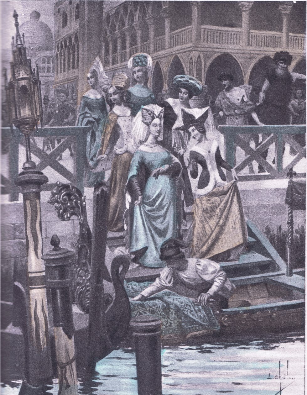 Vihreät hanhet, kuvitus Decameron of Boccacciosta, julkaissut Navarre Society 1930-luvulla (litho) tekijältä Louis Chalon