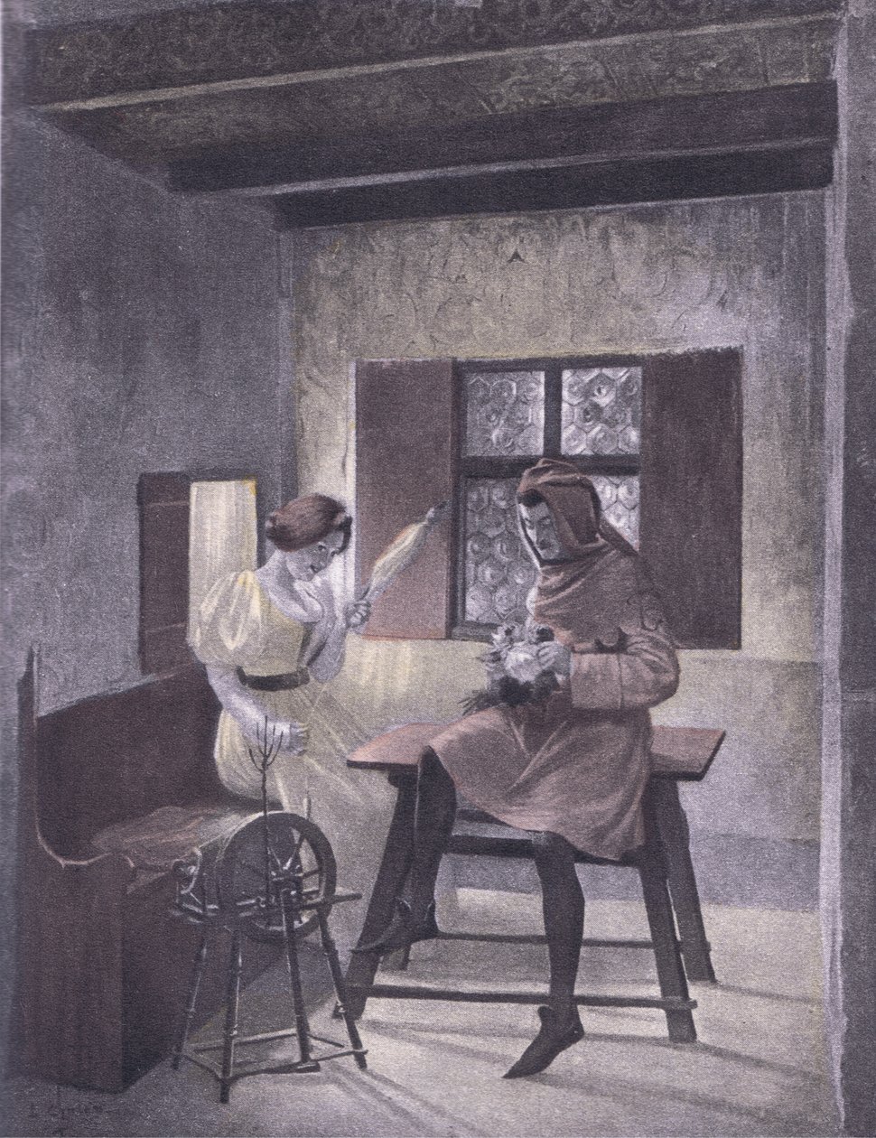 Simona spinning, kuvitus Decameron of Boccacciosta, julkaissut Navarre Society 1930-luvulla (litho) tekijältä Louis Chalon