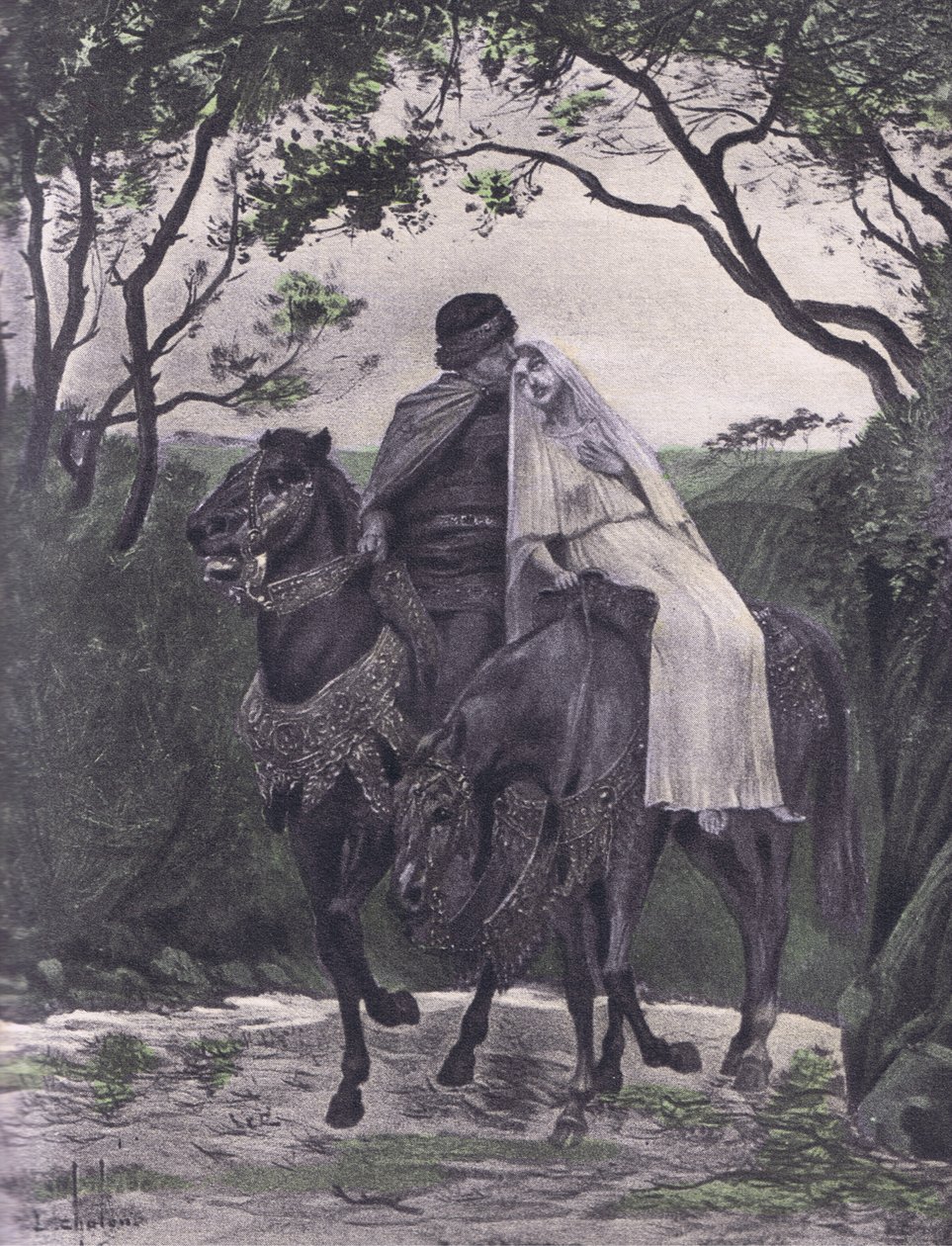 Pakolaiset, Navarre Societyn 1930-luvun julkaisema kuva Boccaccion Decameronista (litho) tekijältä Louis Chalon