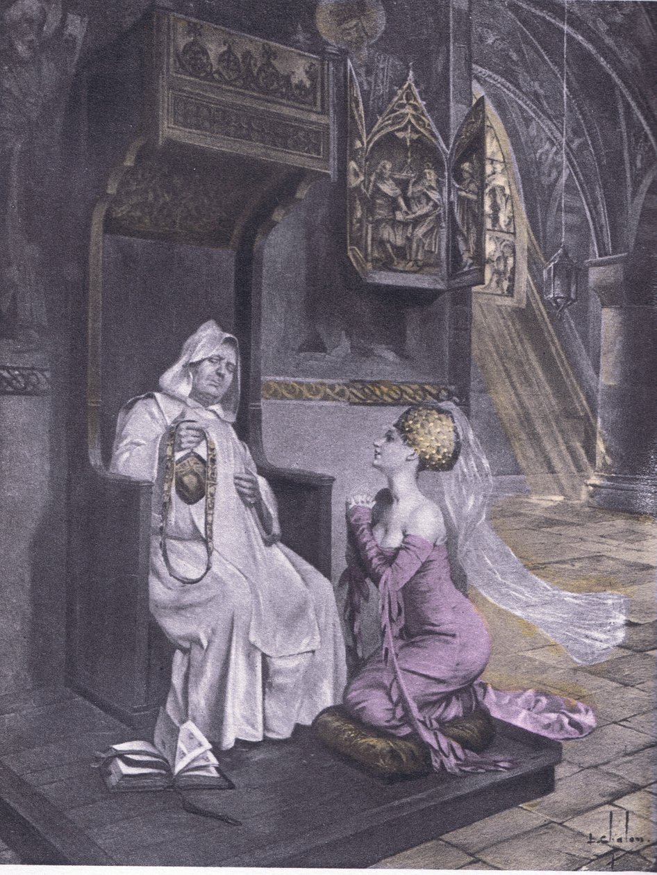 Nainen ja munkki, Navarre Societyn 1930-luvun julkaisema kuva Decameron of Boccacciosta (litho) tekijältä Louis Chalon