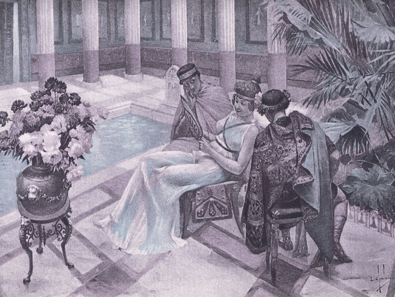 Titus ja Gisippus, kuvitus Decameron of Boccacciosta, julkaissut Navarre Society 1930-luvulla (litho) tekijältä Louis Chalon