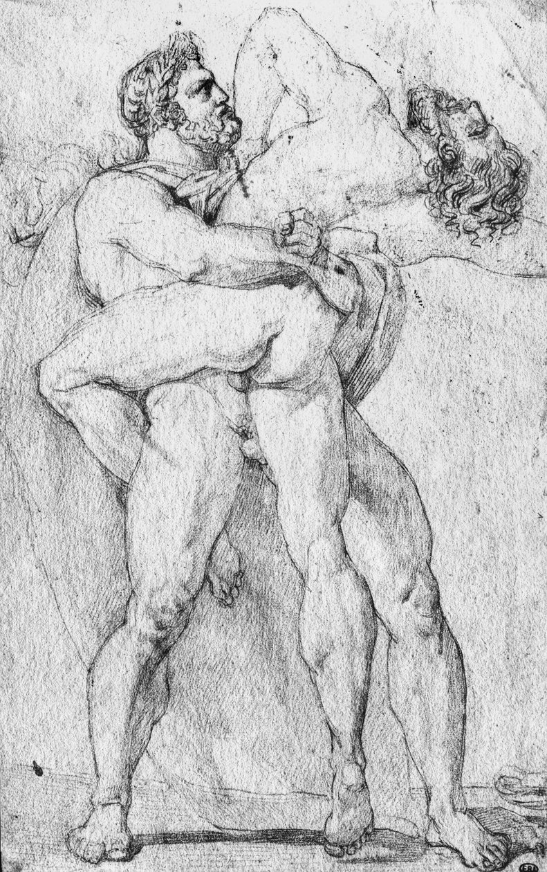 Hercules kuristava Antaeus (grafiittikynä paperilla) tekijältä Louis Charles Auguste Couder