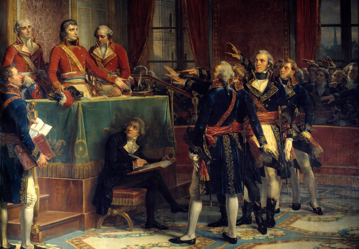 Kolme konsulia: Bonaparte, Cambaceres ja Lebrun vastaanottamassa presidenttien valat Oikealla Emmanuel-Joseph (Emmanuel Joseph) Sieyes (1748-1836) ja Pierre-Roger (Pierre Roger) Ducos (Roger Ducos) (1747-181). Louis Charles Auguste Coudin maalaus tekijältä Louis Charles Auguste Couder