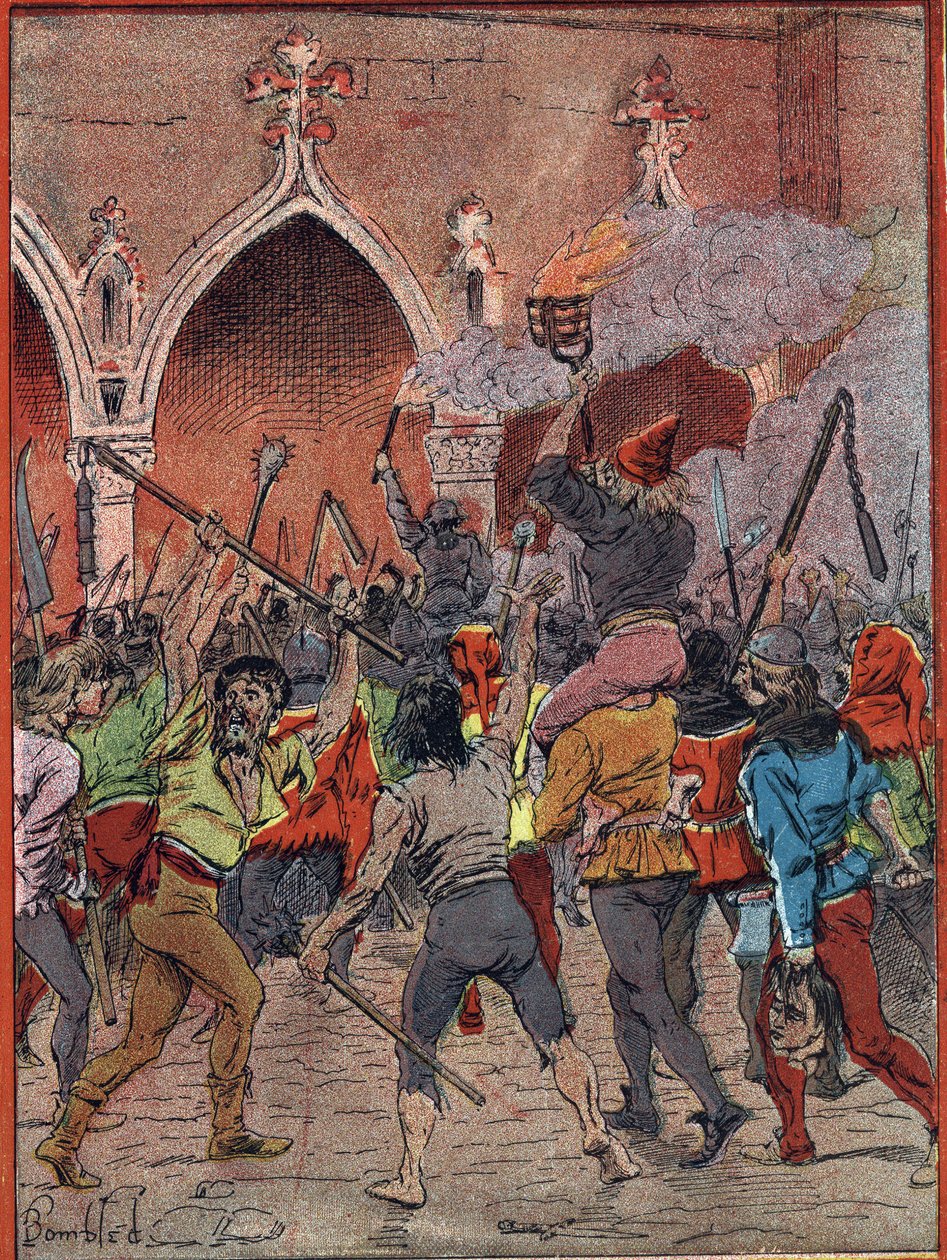 Uuden veron ilmoittaminen vuonna 1382 Kaarle VI:n vallan alla, veronsortoon kyllästynyt väestö nousi (maillotinien tai harellen kapinat, kansannousun kohtaus Place de l