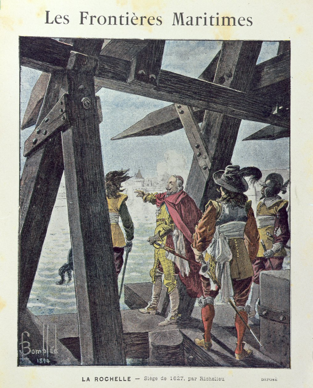 Armand-Jean du Plessis, kardinaali de Richelieu (1585-1642) Rochellen piirityksessä vuonna 1627, koulun harjoituskirjan kansi n. 1894. tekijältä Louis Charles Bombled