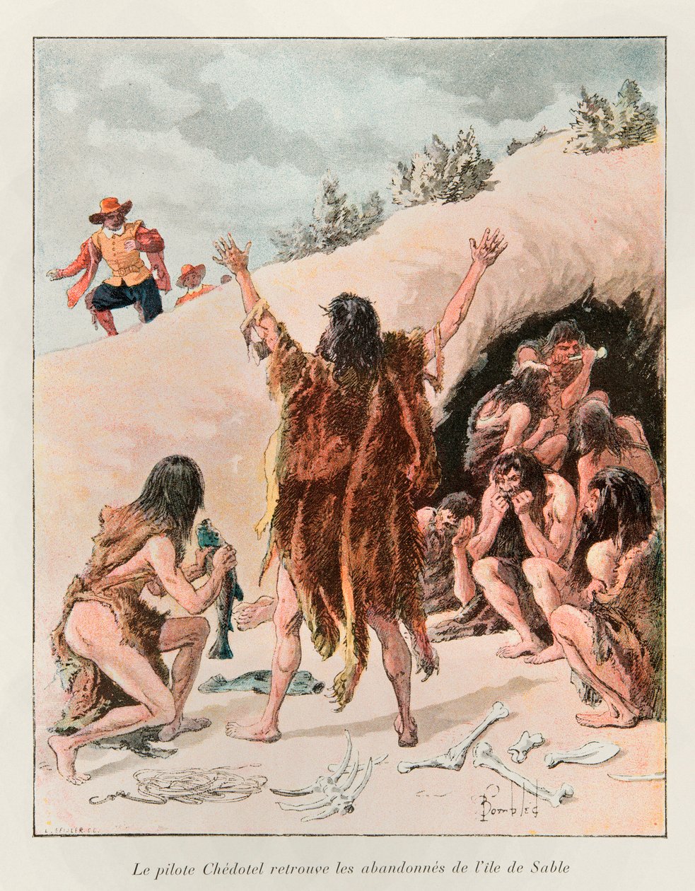 Bombled Louis (1862 - 1927); Chedotel-lentäjä löysi hylätyn Sable-saaren vuonna 1603 (Marquis de la Rochen vuoden 1598 retkikunnan selviytyjät saarelta lähellä Newfoundlandia); Eugene Gueninin Uuden Ranskan historia - 1900 - Kokoelma, osa. tekijältä Louis Charles Bombled
