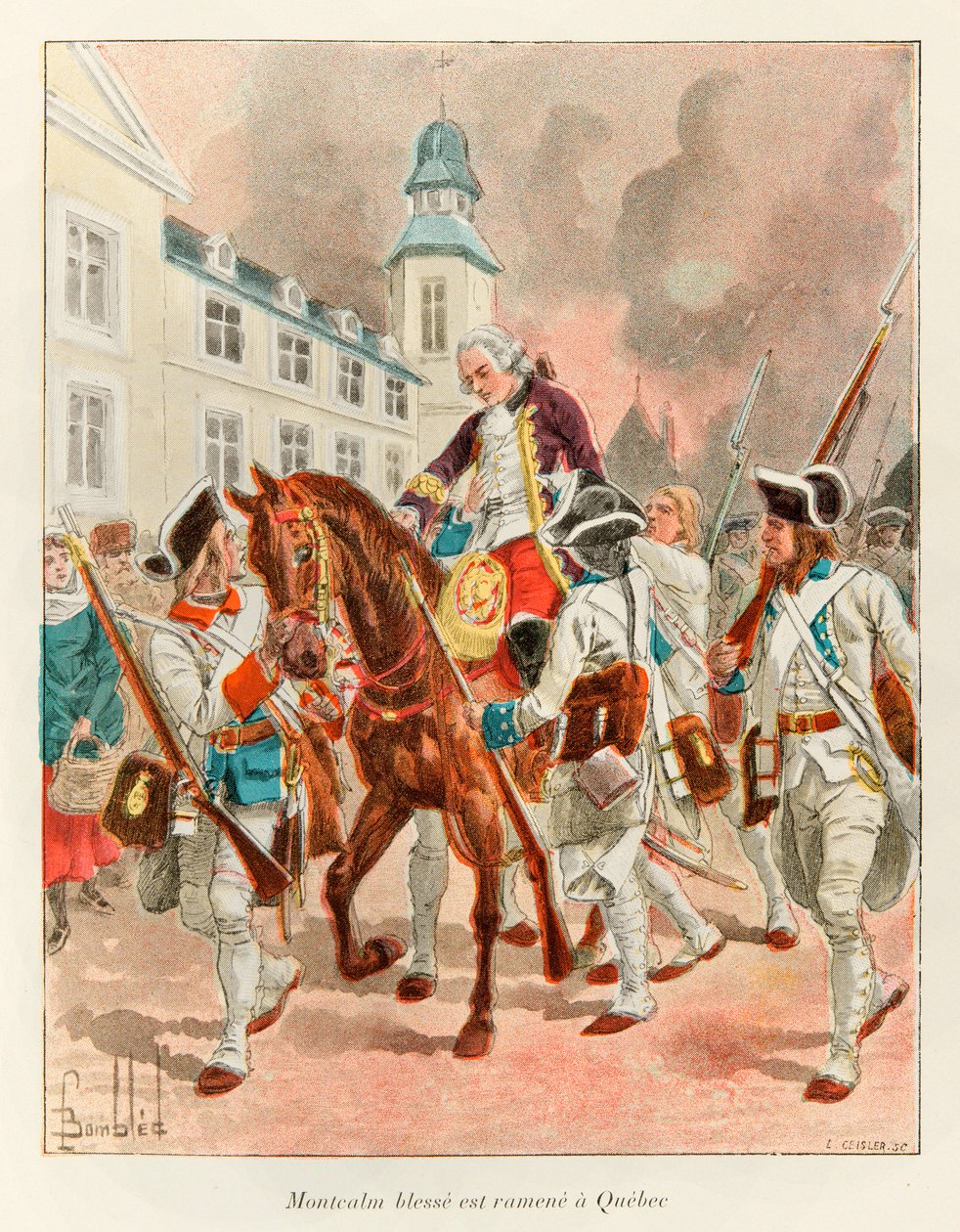 Bombled Louis (1862 - 1927); Kenraali Louis Joseph (Louis-Joseph) Montcalmista (1712-1759) loukkaantunut palasi Quebeciin Abrahamin tasangoilla käydyn taistelun jälkeen 13. syyskuuta tekijältä Louis Charles Bombled