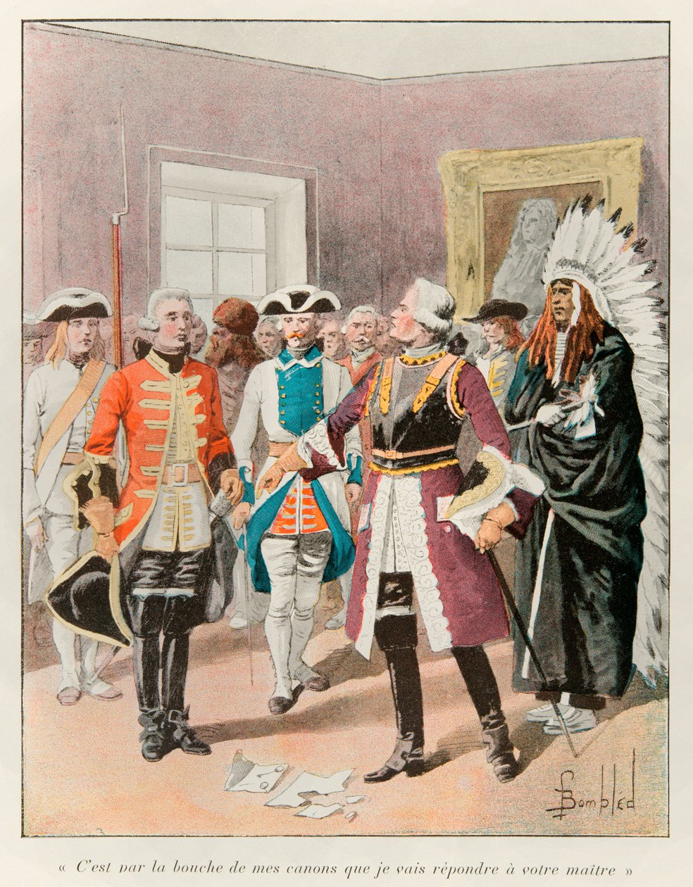 Bombled Louis (1862 - 1927); Louis de Frontenac (1622-1698) vastaanotti Englannin lähettilään, joka kutsui hänet luovuttamaan Quebecin kaupungin ilman taistelua vuonna 1690, ja vastasi hänelle: "" Vastaan aseideni suulla herrallesi ""; Histoire de la tekijältä Louis Charles Bombled