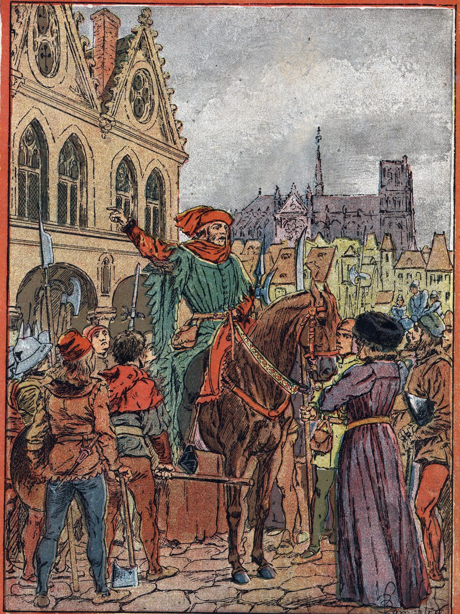 Etienne Marcel, prevot des marchands (1315-1358) osti Maison des Pillarsin Place de Greve -aukiolta heinäkuussa 1357 (Etienne Marcelin poliitikko, Pariisin kauppiaiden provosti osti ns. Maison aux Pillarsin ("Pilaarien talo") nimissä t tekijältä Louis Charles Bombled