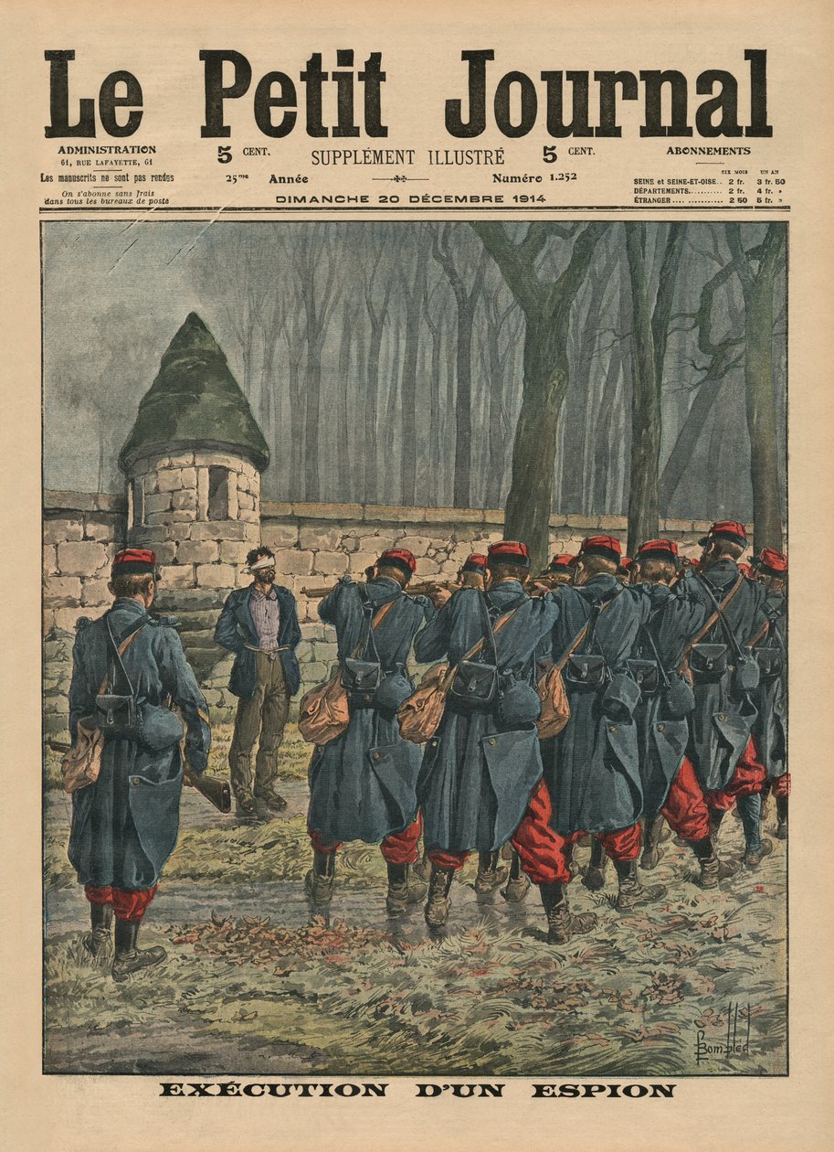 Vakoilijan teloitus, etukannen kuvitus "Le Petit Journalista", liitekuva, 20. joulukuuta 1914 tekijältä Louis Charles Bombled