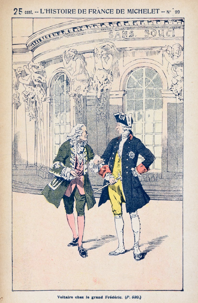 Francois Voltaire (1694-1778) Preussin kuninkaan Frederick II:n (1712-86) kanssa Sanssoucissa lähellä Potsdamia Jules Micheletin (1798-1874) "Histoire de Francesta" n. 1900 tekijältä Louis Charles Bombled